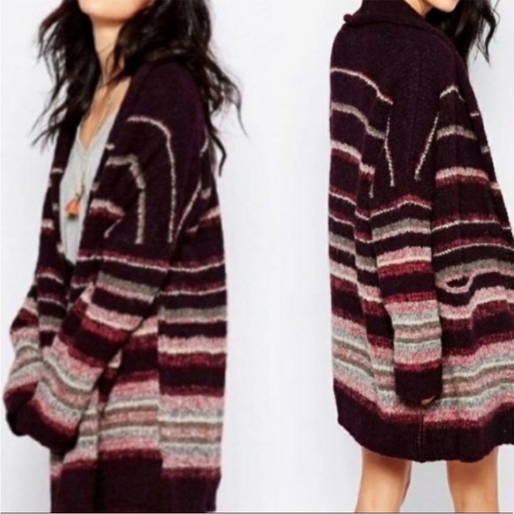 Free People Sweater Purple Striped Alpaca Wool Blend Cardigan Coat Sz M NEW - Picture 1 of 13